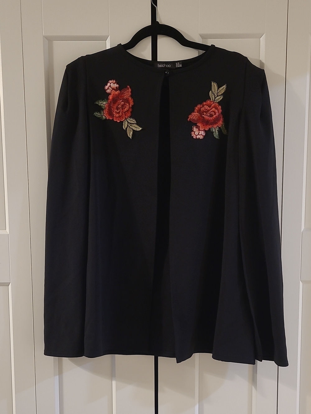Boohoo Black Cloak Jacket with Red Rose Embroidery